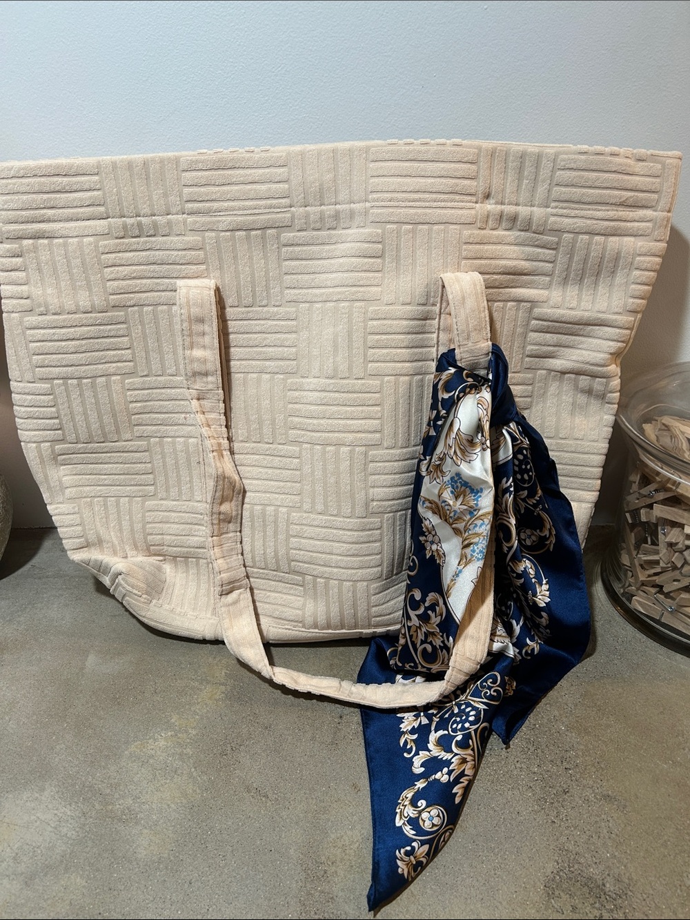 Cream Lined Tote Bag with Navy Printed Scarf
